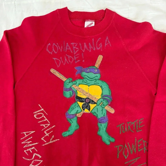 Vintage Kids Handmade Ninja Turtles Turtle Power Crewneck Sweatshirt Size 14-16 - Picture 2 of 4